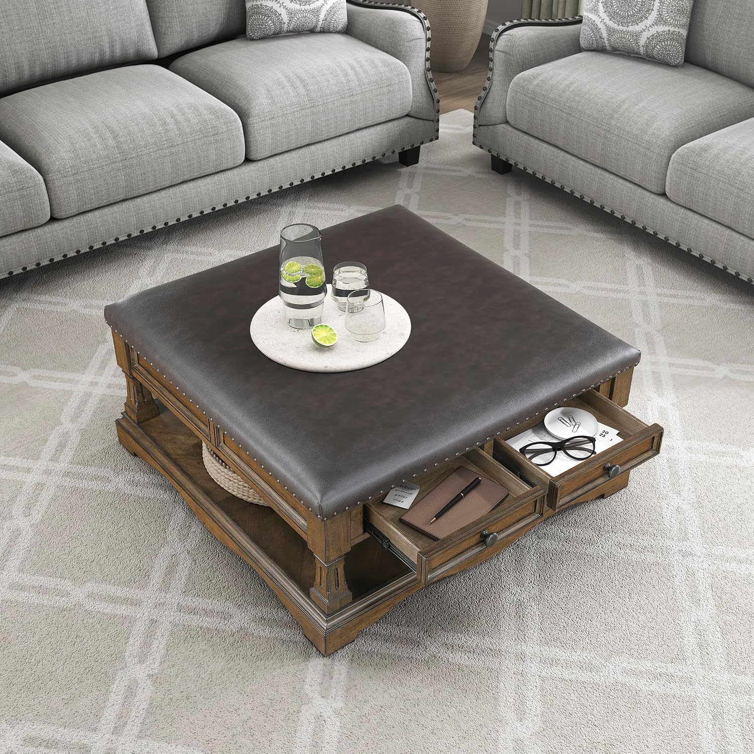 Lexicon 39 Inch Wood Coffee Table with 4 Drawers, Lower Open Shelf, Casters, Square Ottoman Coffee Table, Faux Leather Cocktail Ottoman, Nailhead Trim, Footrest for Living Room, Easy Assembly, Brown
