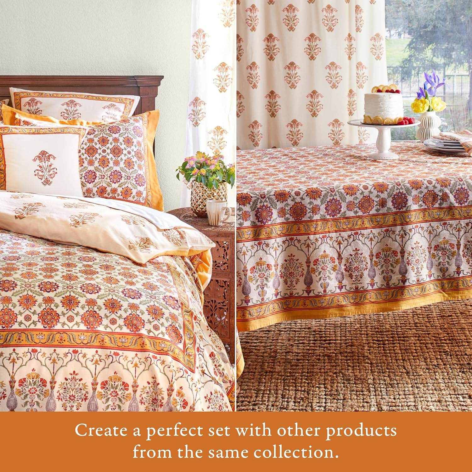 Saffron Marigold Round Hand Block Printed Tablecloth - Orange Blossom Luxurious 100% Cotton, Washable, for Home Decor, Kitchen, Coffee Or Dining Table 90 Inch