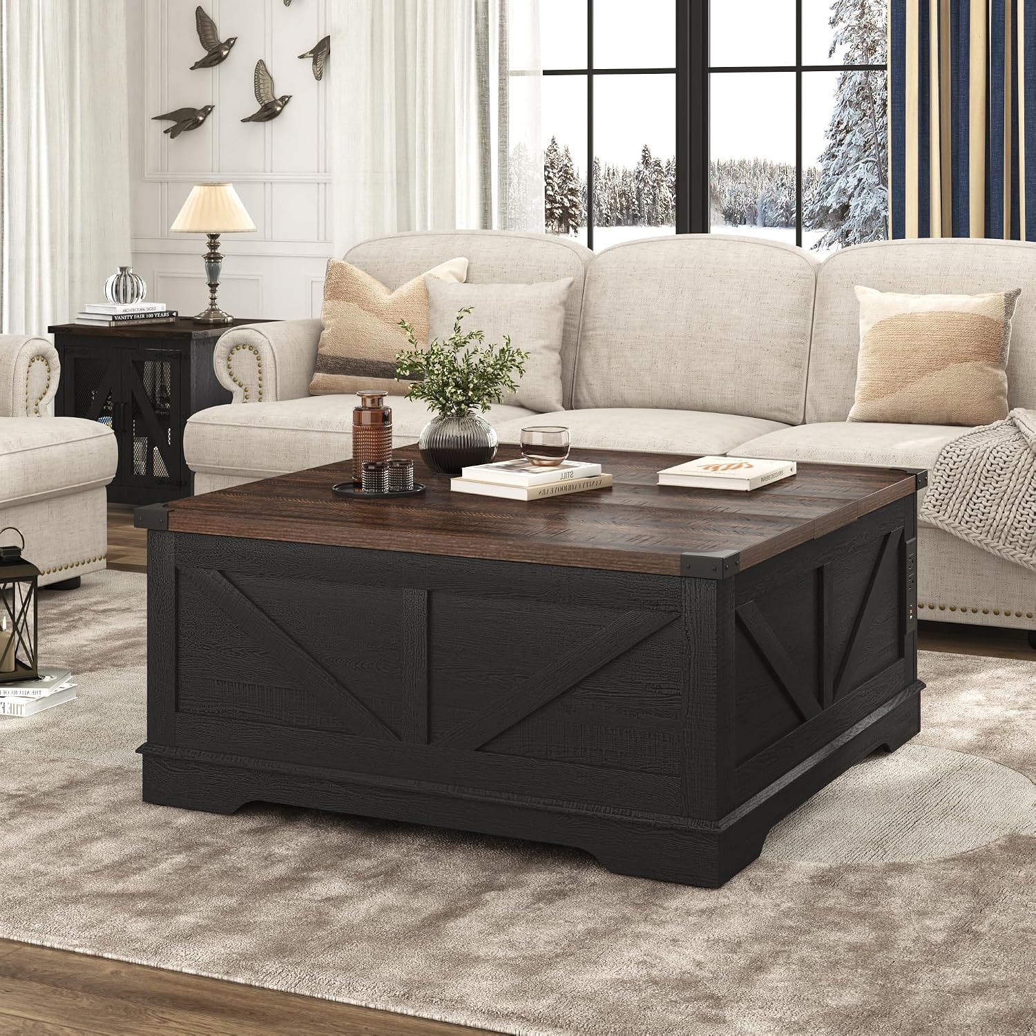 Hlivelood 40' Large Farmhouse Lift Top Coffee Table with Power Outlets and Large Hidden Storage, Square Wood Living Room Tables, Multi-Function Lift Wooden Barn Door Center Table, Black