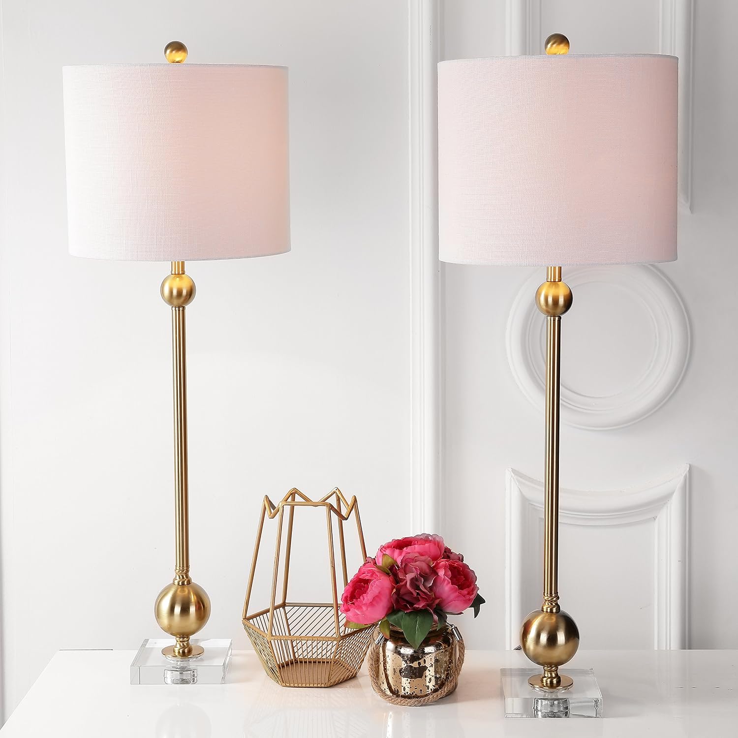 JONATHAN Y 34.75' Brass Metal LED Table Lamp Set of 2 with Crystal Base, Mid-Century Modern Sputnik Design for Living Room Bedroom, White Linen Shade, LED Bulbs Included JYL2010A-SET2