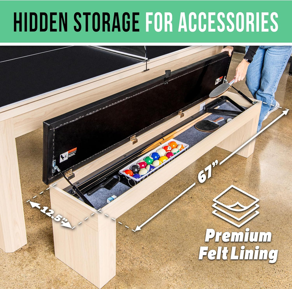 GoSports 3 in 1 Pool, Dining, & Table Tennis Combo Table and Storage Benches - 7 ft or 8 ft - Convertible Billiards and Table Tennis with Accessories