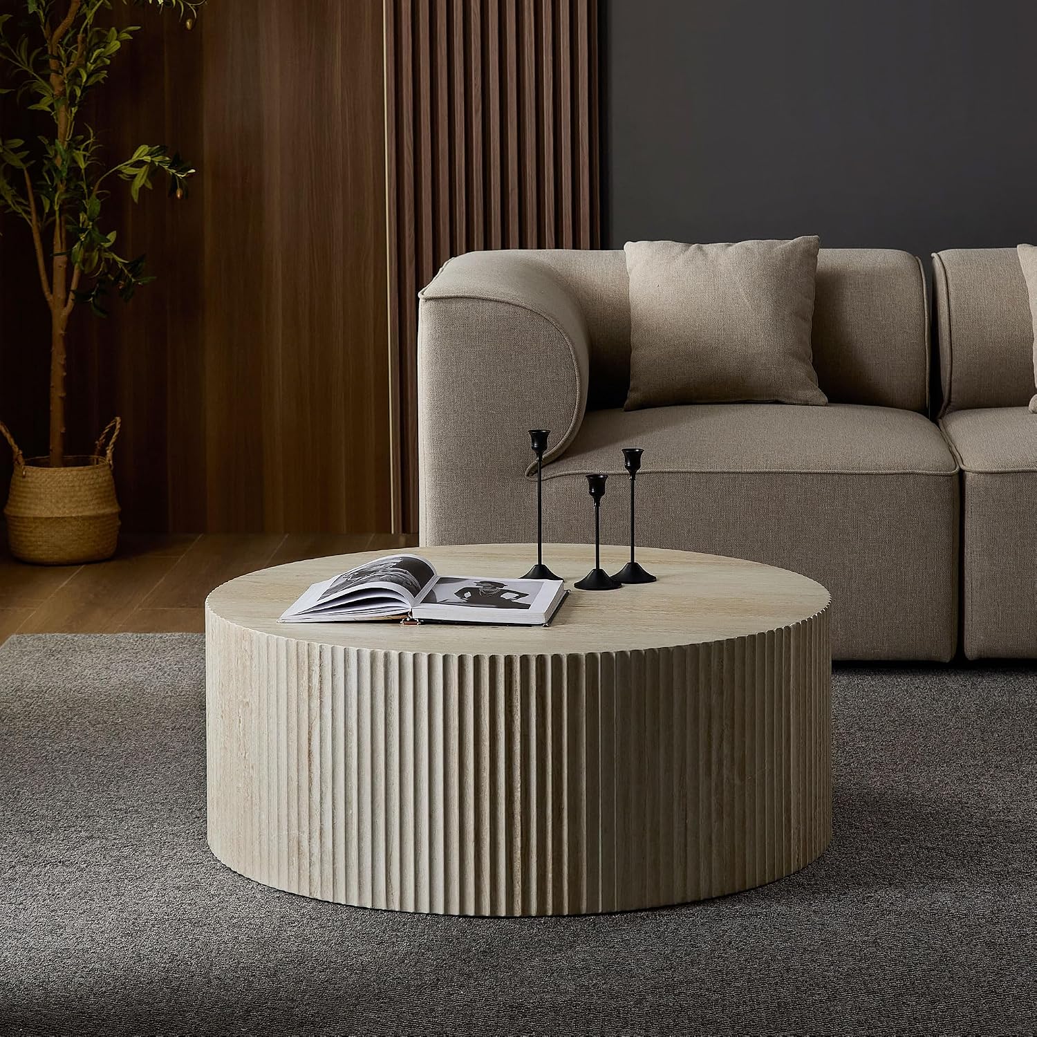 JUSTONE Round Coffee Tables for Living Room,Modern 35.43'' Fiberglass Cream Style Coffee Table for Small Space,Apartment,Balcony,Matte White