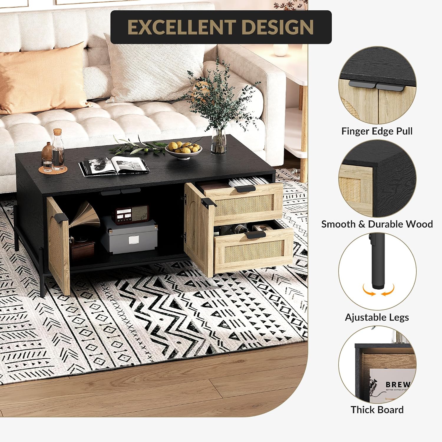 Mid Century Modern Rattan Coffee Table with Storage, Boho Rectangle Center Table with 2 Drawers, Open Shelf & Cabinet, Living Room Table with LED Lights, Wood and Metal Frame, Natural Oak and Black