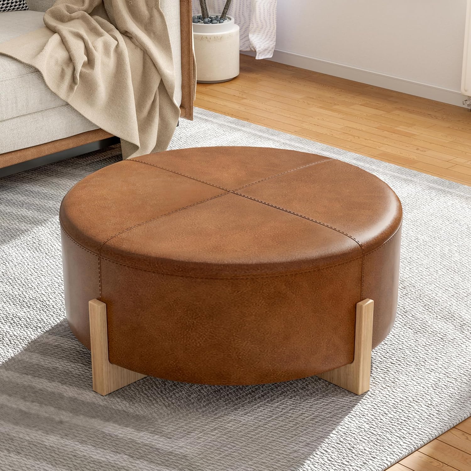 Merax 34'' Cocktail Round Ottoman, Modern Ottoman Coffee Table with Removable Top，Leather Ottoman for Living Room, Bedroom, Office,Brown