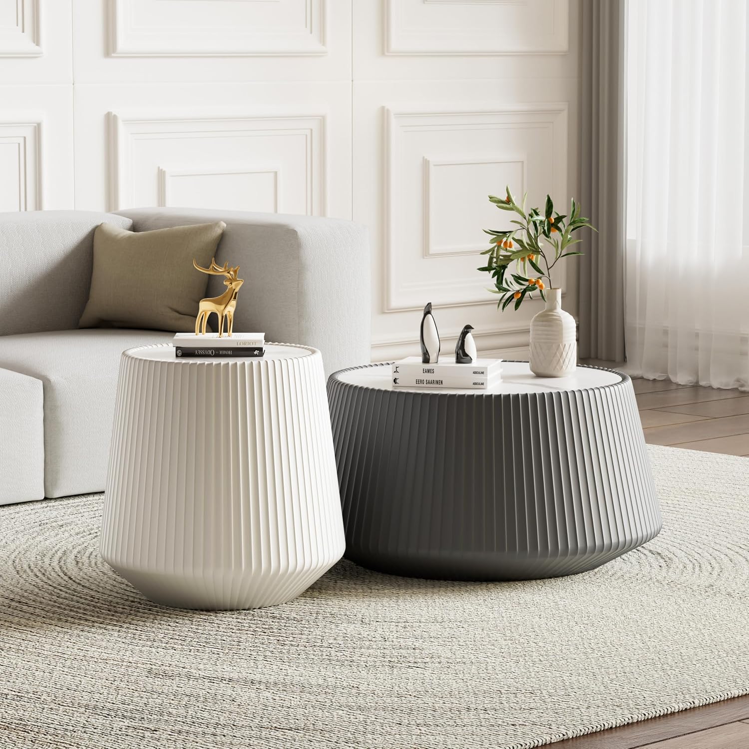 Round Coffee Table Set with Sintered Stone Tabletop, 26.77' Grey Drum Center Table and 19.68' White Coffee Table Set, 2 Pieces Living Room Table Set with Fluted PU Leather Cover& Stable Base