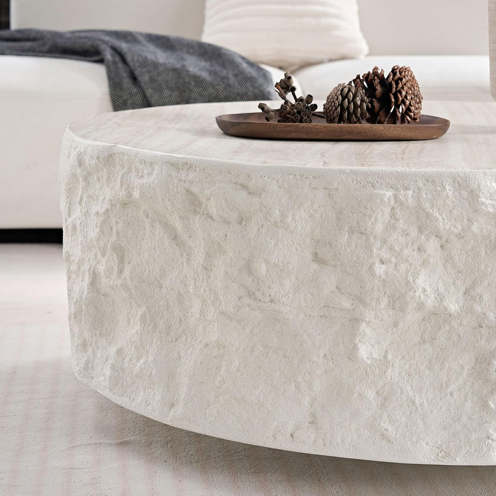 Round Coffee Table, 35.43' Fiberglass Imitation Stone Accent Table for Living Room, Bedroom, Apartment & Office, Beige, No Need Assembly