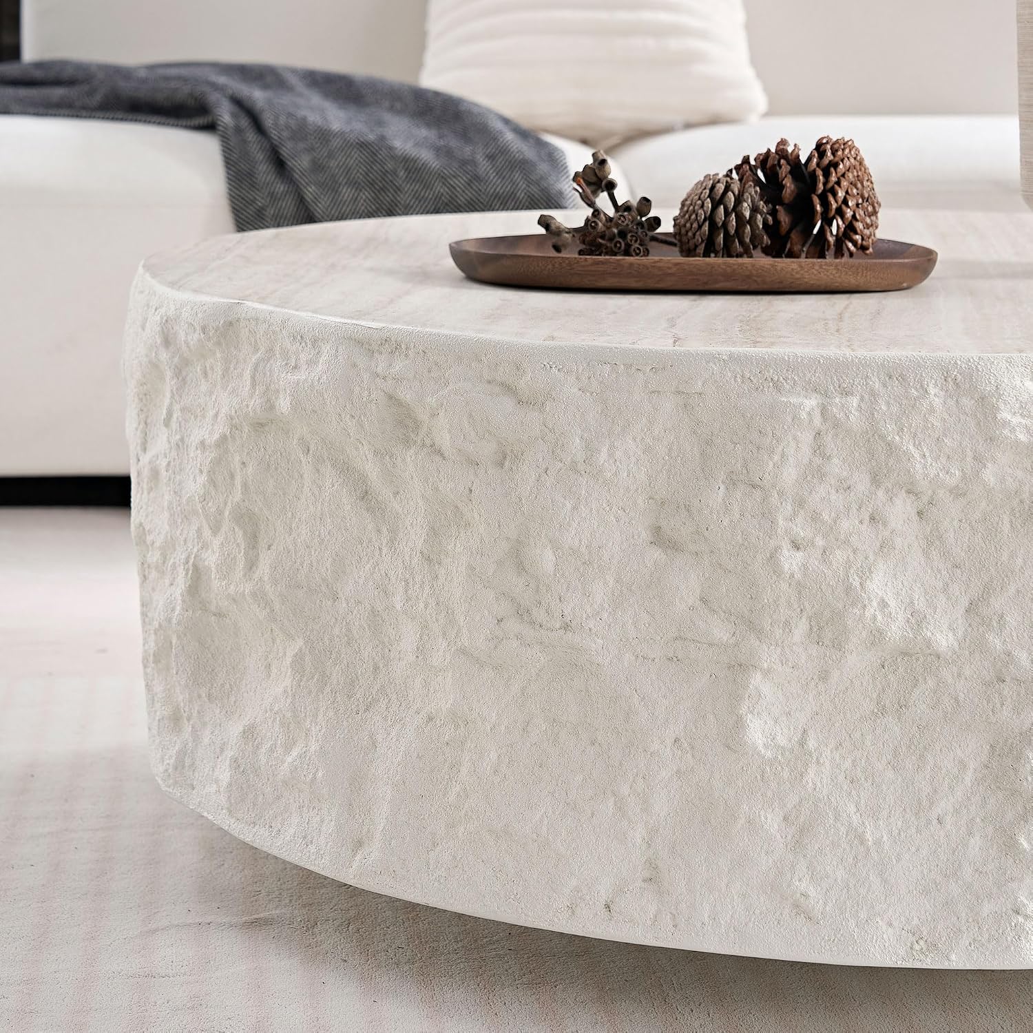 Round Coffee Table, 35.43' Fiberglass Imitation Stone Accent Table for Living Room, Bedroom, Apartment & Office, Beige, No Need Assembly