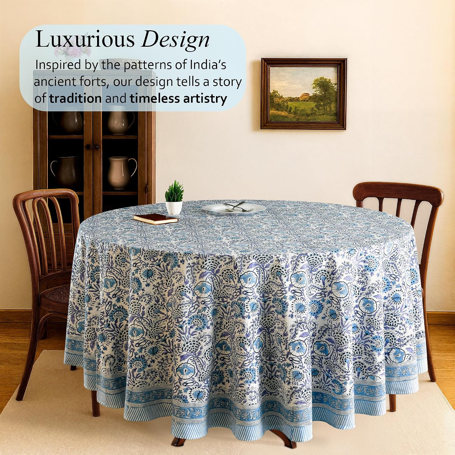 CPC Indigo Blue Block Print Cotton Handmade Round Tablecloth 120 Inch Decorative Table Cover for Home Decor, Dinning, Festive, Wedding, Farmhouse Gift for Spring, Mother's Day