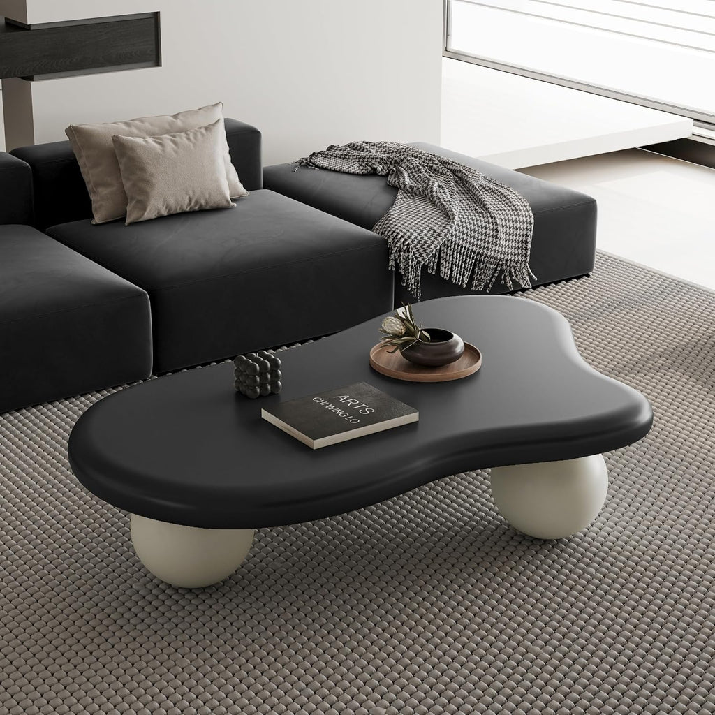 47' Cloud Coffee Table,Modern Cute End Table with Ball Legs,Small Round Edge Tea Table,Irregular Indoor Wood Coffee Table for Living Room, Bedroom, Small Space,Balcony,Patio Black+Cream White