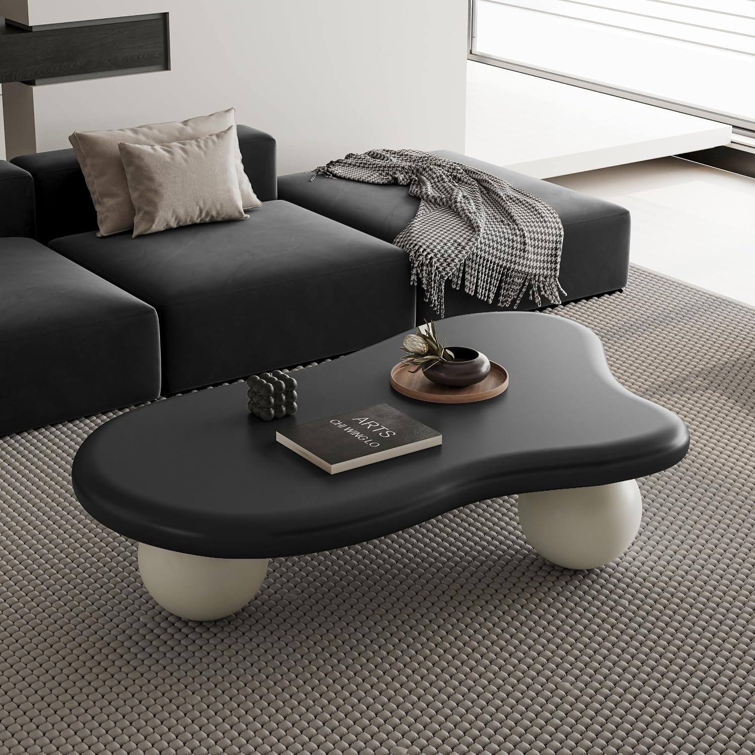 47' Cloud Coffee Table,Modern Cute End Table with Ball Legs,Small Round Edge Tea Table,Irregular Indoor Wood Coffee Table for Living Room, Bedroom, Small Space,Balcony,Patio Black+Cream White