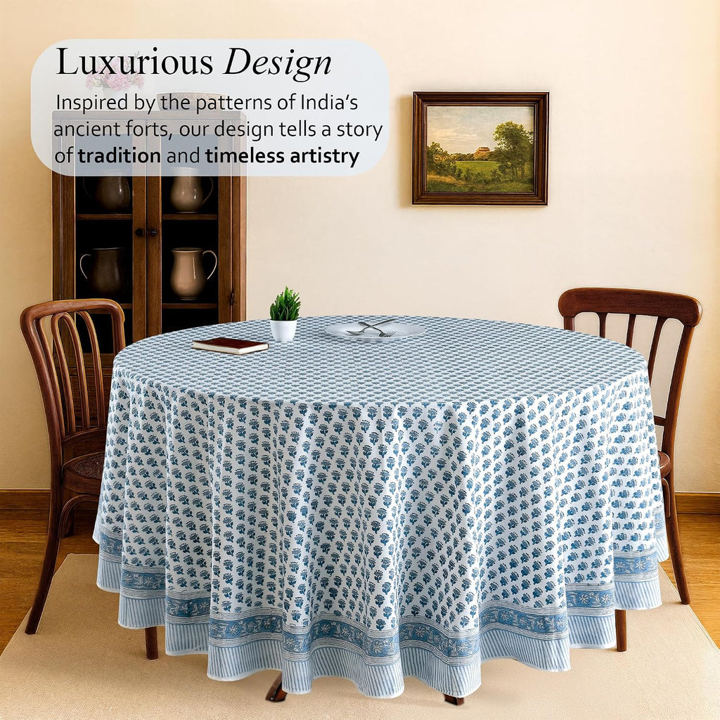 CPC Apatite Blue Block Print Cotton Handmade Round Tablecloth 132 Inch Decorative Table Cover for Home Decor, Dinning, Festive, Wedding, Farmhouse Gift for Spring, Mother's Day