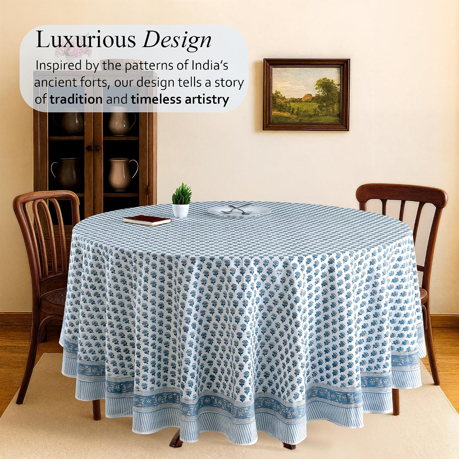 CPC Apatite Blue Block Print Cotton Handmade Round Tablecloth 132 Inch Decorative Table Cover for Home Decor, Dinning, Festive, Wedding, Farmhouse Gift for Spring, Mother's Day