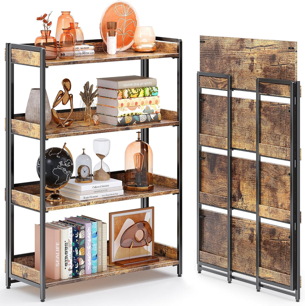4NM Extra Wdie No Assembly Folding Bookshelf, 50.8' H x 30.9' W, 4 Tier Collapsible Book Shelf Bookcase Foldable Shelves for Bedroom Living Room Home Office - Rustic Brown & Black