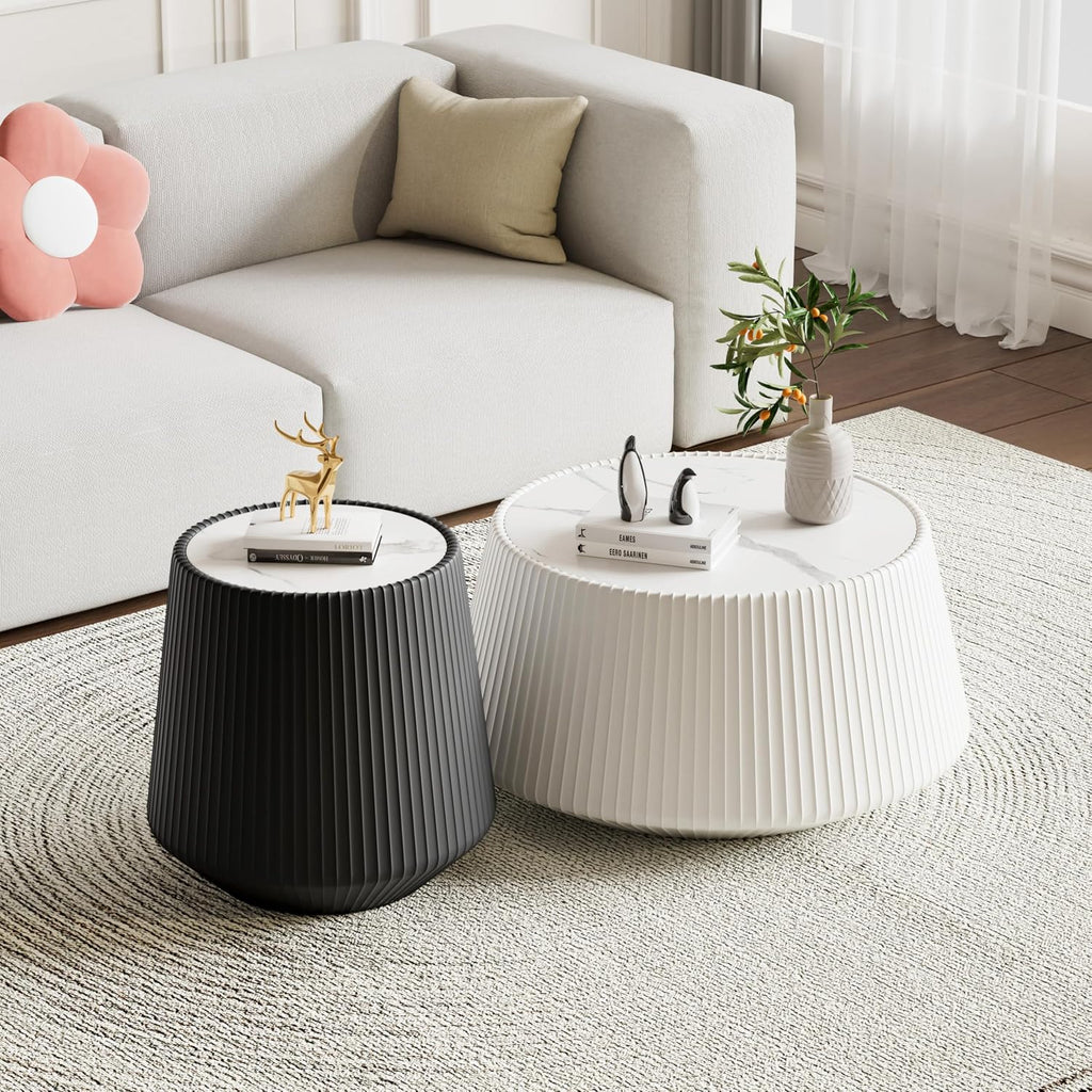Round Coffee Table Set with Sintered Stone Tabletop, 26.77' White Drum Center Table and 19.68' Black Coffee Table Set, 2 Pieces Living Room Table Set with Fluted PU Leather Cover& Stable Base