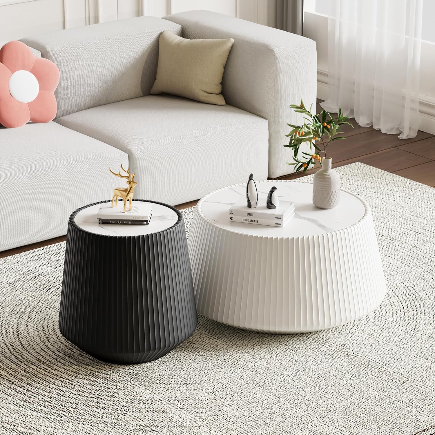 Round Coffee Table Set with Sintered Stone Tabletop, 26.77' White Drum Center Table and 19.68' Black Coffee Table Set, 2 Pieces Living Room Table Set with Fluted PU Leather Cover& Stable Base