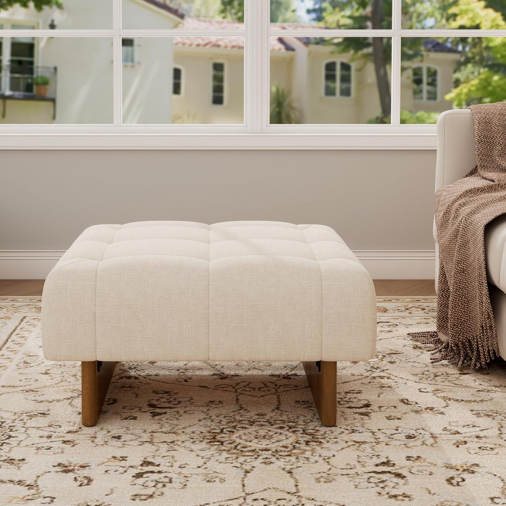 Christopher Knight Home Yvone Modern Upholstered Ottoman Coffee Table, Wooden Square Ottoman Foot Rest, Multipurpose Foot Stools Ottoman, Comfy Living Room Sofa Extra Seat, Beige+Brown