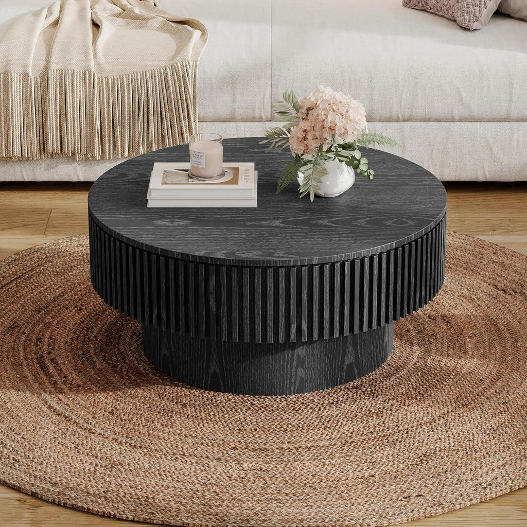 31.5'' Round Coffee Table with Storage Space, Modern Wood Circle Fluted Drum Pedestal Coffee Table for Living Room, Easy Assembly, Black (ø31.49'' x 14'')
