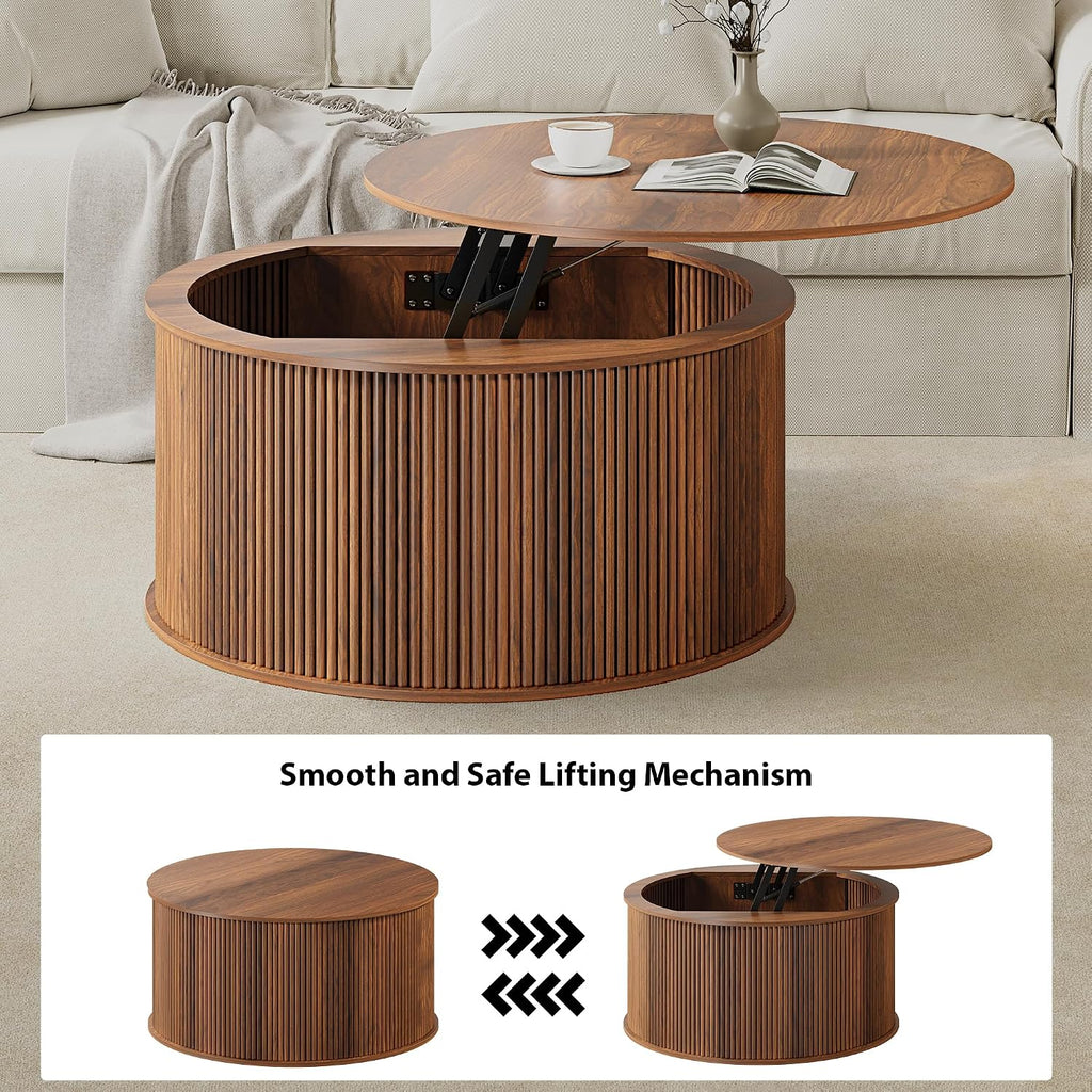 Lift Top Coffee Table, Fluted Round Coffee Table with Storage, Farmhouse Center Dining Table Circle Table for Living Room, Apartment, Home Office (Walnut)