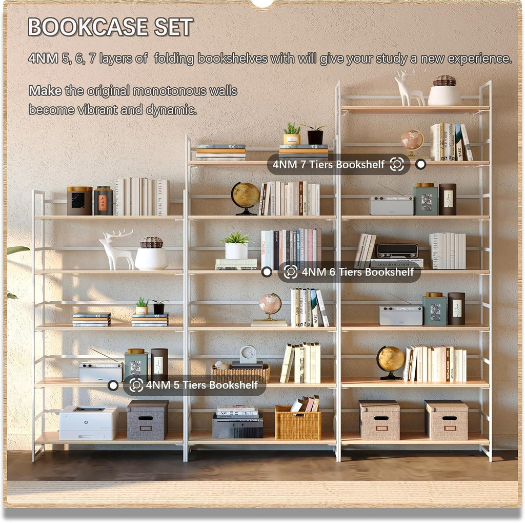 4NM No Assembly 6 Tier Collapsible Book Shelves, 61.8' H x 23.6' W Folding Bookshelf Bookcase Open Industrial Foldable Shelf for Bedroom, Living Room, Home Office - Natural White