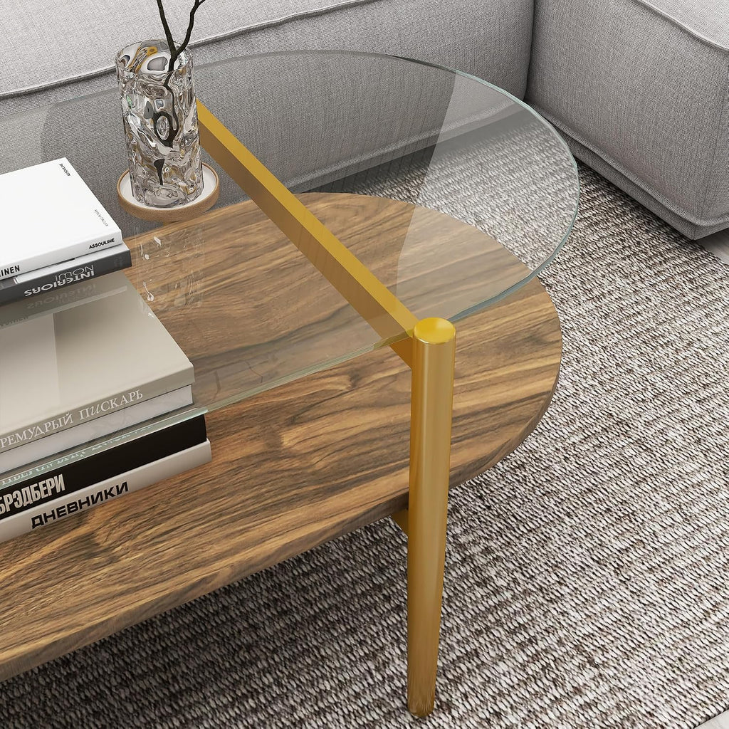 Modern Oval Glass Coffee Tables, 2-Tier Mid Century Modern Center Table, Tempered Glass Tabletop & Golden Metal Frame, Living Room, Office