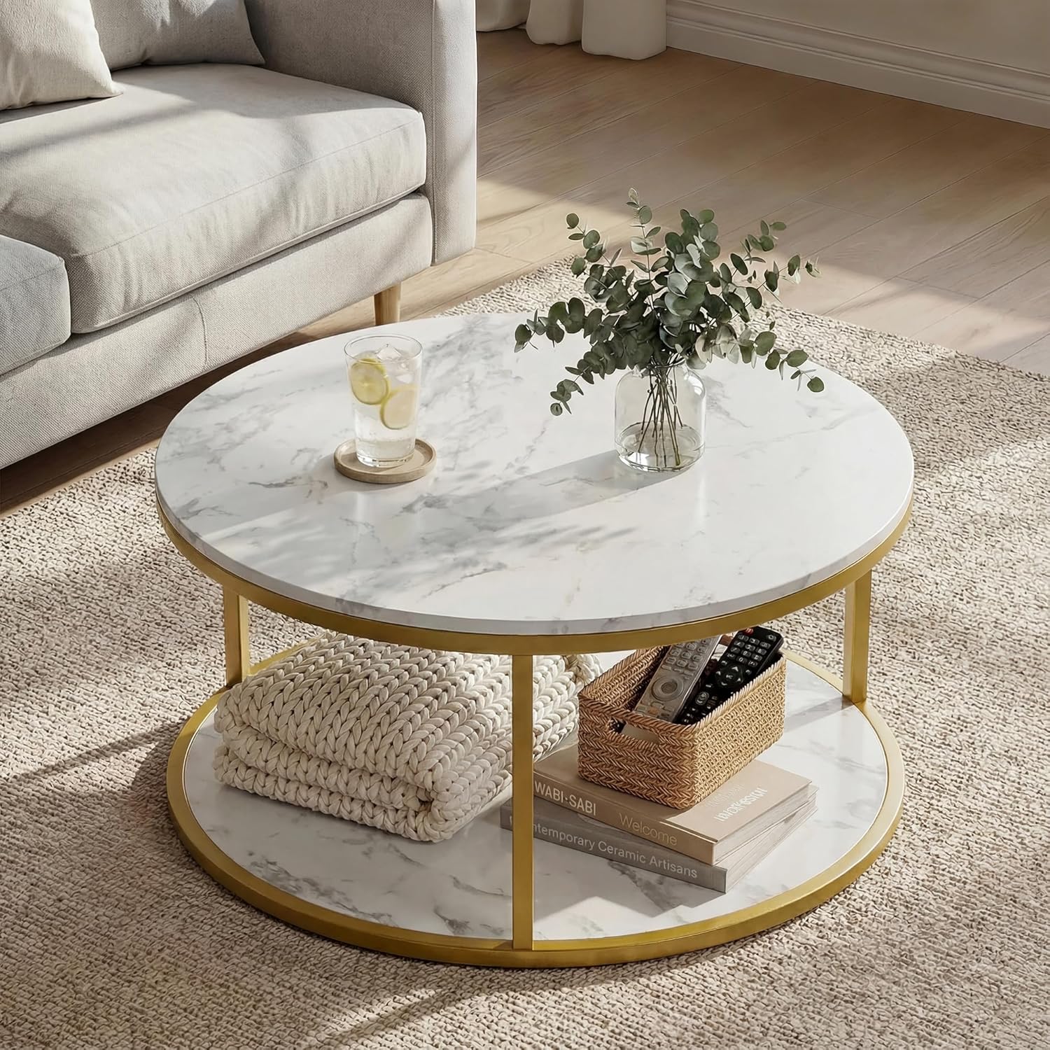 YESHOMY 36' Round Coffee Table, 2-Tier Wood Center Table with Storage Shelf, Heavy-Duty Metal Frame, Easy Assembly, Ideal for Living Room & Small Spaces, Black