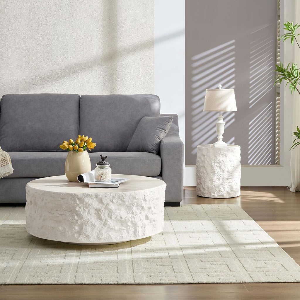 15.74 Inch Small Side Table for Living Room, Round Coffee Table Modern Center End Table for Small Space Apartment, Office, Indoor Outdoor Marble Fiber Concrete Stone Beige