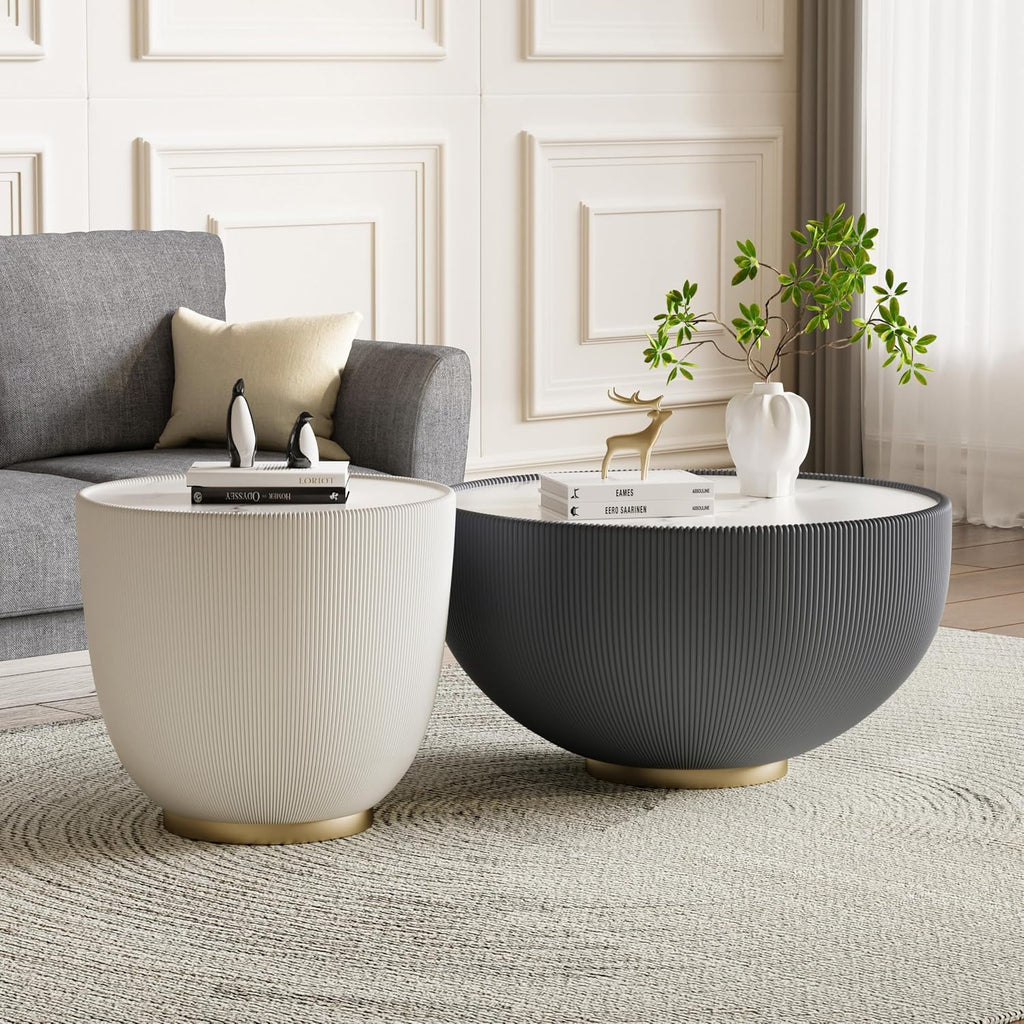 Round Coffee Table Set with Sintered Stone Tabletop, 27.56' Grey Drum Center Table and 19.69' White Coffee Table Set, 2 Pieces Living Room Table Set with Fluted PU Leather Cover& Metal Base