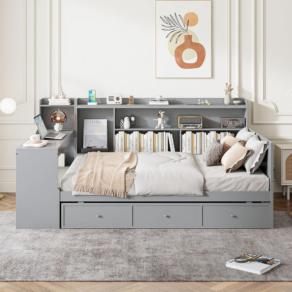 Harper & Bright Designs Full Size Daybed Frame with Desk and 3 Storage Drawers & USB Port Shelves Headboard, Pinewood Corner Bed, Full Captain Bed for Small Room, Bedroom, Guest Room,Gray