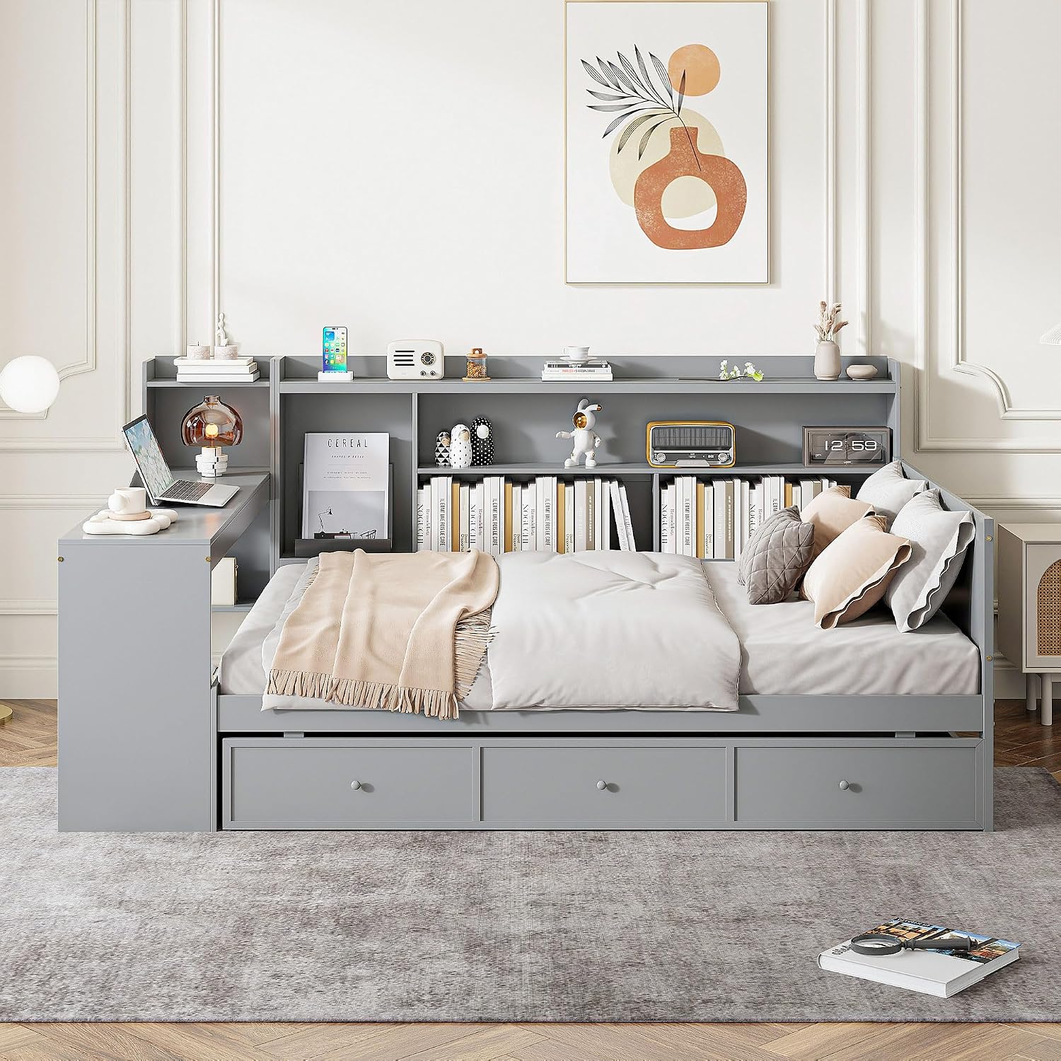 Harper & Bright Designs Full Size Daybed Frame with Desk and 3 Storage Drawers & USB Port Shelves Headboard, Pinewood Corner Bed, Full Captain Bed for Small Room, Bedroom, Guest Room,Gray
