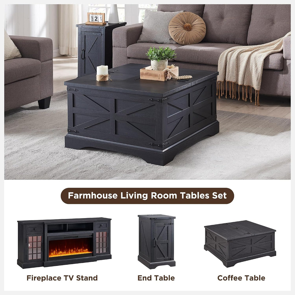 JXQTLINGMU 36' Lift Top Coffee Table with Storage, Farmhouse Square Center Table with Large Hidden Compartment, Wood Lift Tabletop Dining Table for Home Living Room, Black