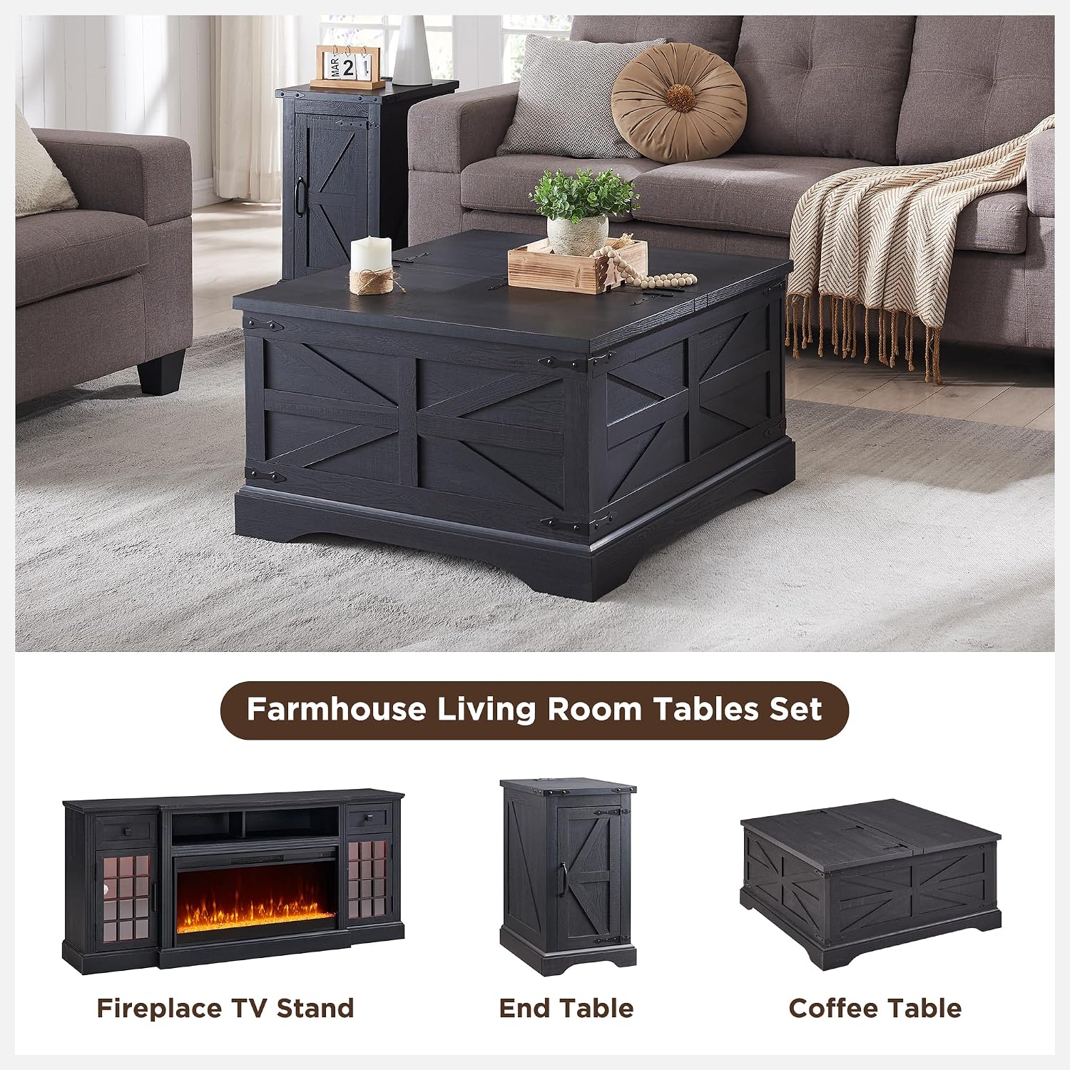 JXQTLINGMU 36' Lift Top Coffee Table with Storage, Farmhouse Square Center Table with Large Hidden Compartment, Wood Lift Tabletop Dining Table for Home Living Room, Black