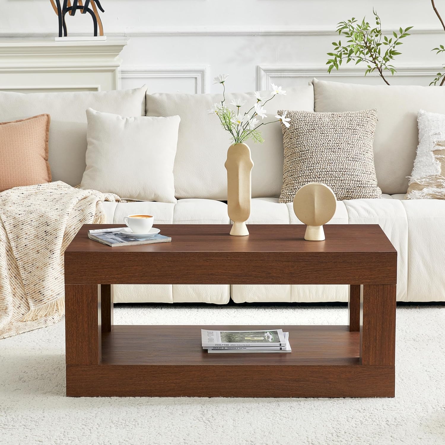 LKTART 39.37' Coffee Table with Storage, 2-Tier Mid Century Rectangular Accent Table with Thick Tabletop, Rustic Style Cocktail, Center Table for Living Room, Office, Apartment (Dark Walnut)
