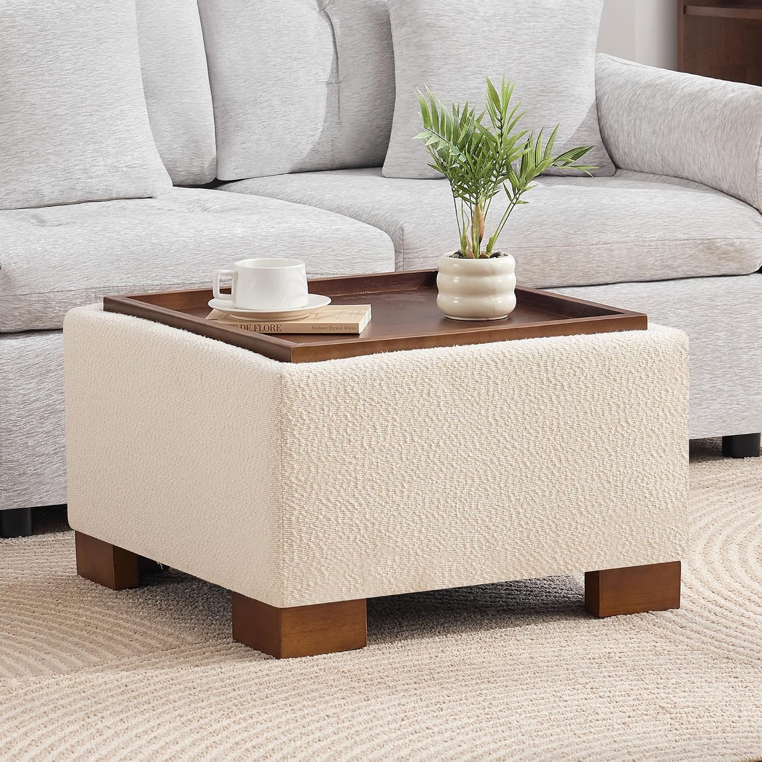 WUTUTUEE 24' Square Ottoman Coffee Table with Storage, Boucle Ottomans with Tray and Solid Wood Legs for Living Room, Bedroom and Apartments, Small Modern Ottoman Tea Table with Lift-Off Lid, Beige