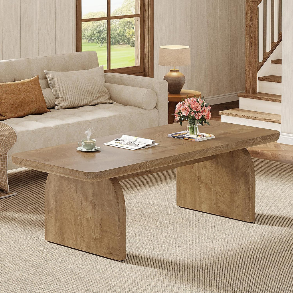 Tribesigns Farmhouse Coffee Table for Living Room, 47-Inch Mid-Century Rectangular Center Table with Rounded Corners, Modern Low Large Cocktail Tea Furniture, Easy Assembly (Natural Brown)