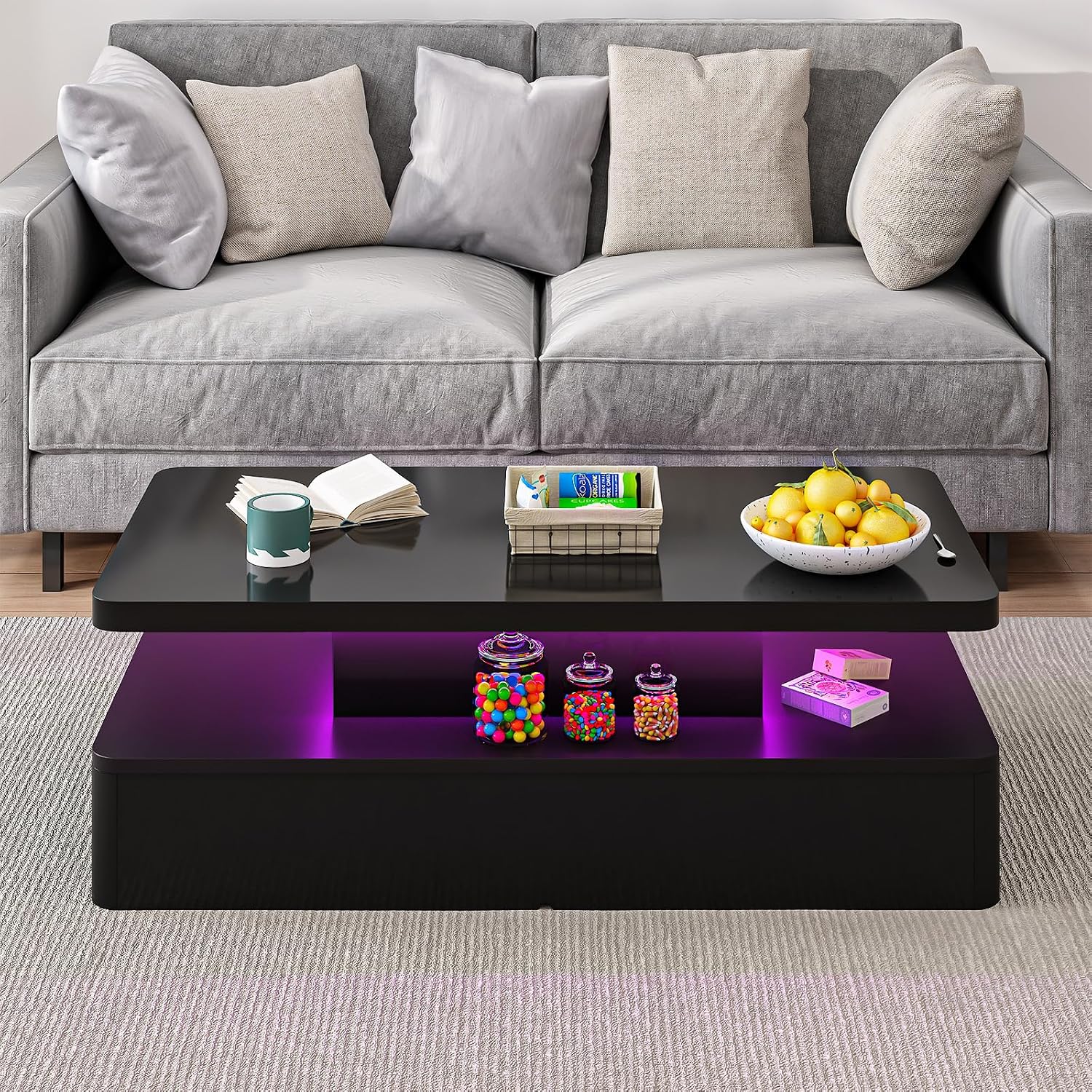 40' Modern Living Room Tables, LED Coffee Table with LED Lights, 2 Tier Rectangular Center Table with Large Storage, High Glossy Surface, Tea Table for Living Room, Black