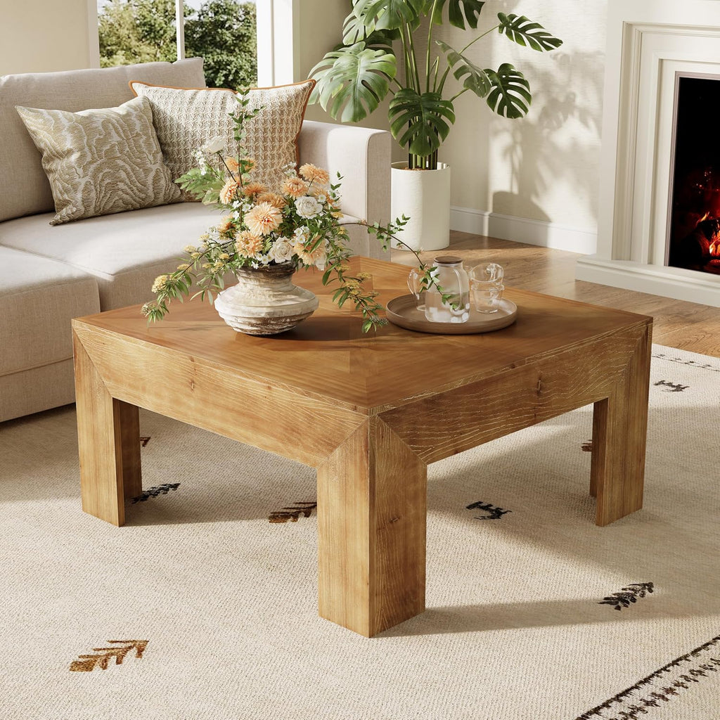 LITTLE TREE 39.4' Solid Wood Coffee Table, Square Coffee Table with Intricate Inlaid Top & Sturdy Legs, Rustic Center Tables for Living Room, Easy Assembly, Brown, 39.4' L x 39.4' W x 19.7' H
