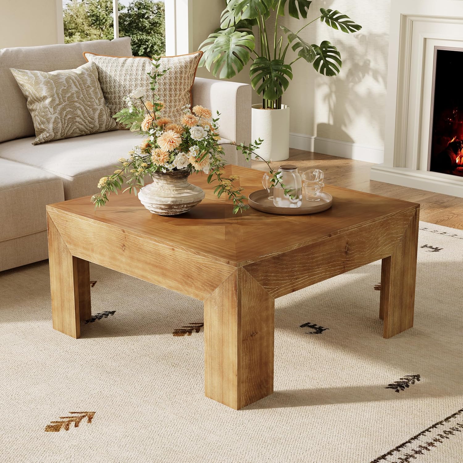 LITTLE TREE 39.4' Solid Wood Coffee Table, Square Coffee Table with Intricate Inlaid Top & Sturdy Legs, Rustic Center Tables for Living Room, Easy Assembly, Brown, 39.4' L x 39.4' W x 19.7' H
