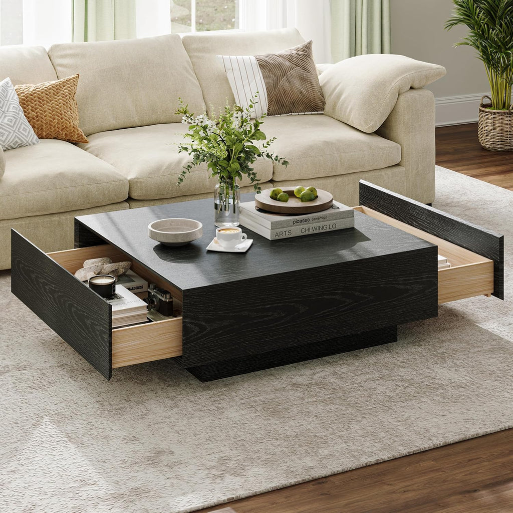 POVISON Modern Square Coffee Table with Drawers, 39.37' Wood Coffee Table for Living Room Home Office, Fully-Assembled Black