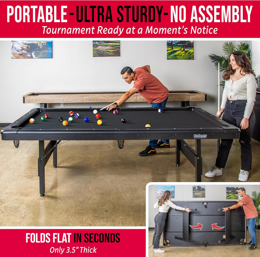 GoSports 6, 7, or 8 ft Billiards Tables - No Assembly, Choose Your Color - Portable Pool Table Includes Full Set of Balls, 2 Cue Sticks, Chalk and Felt Brush