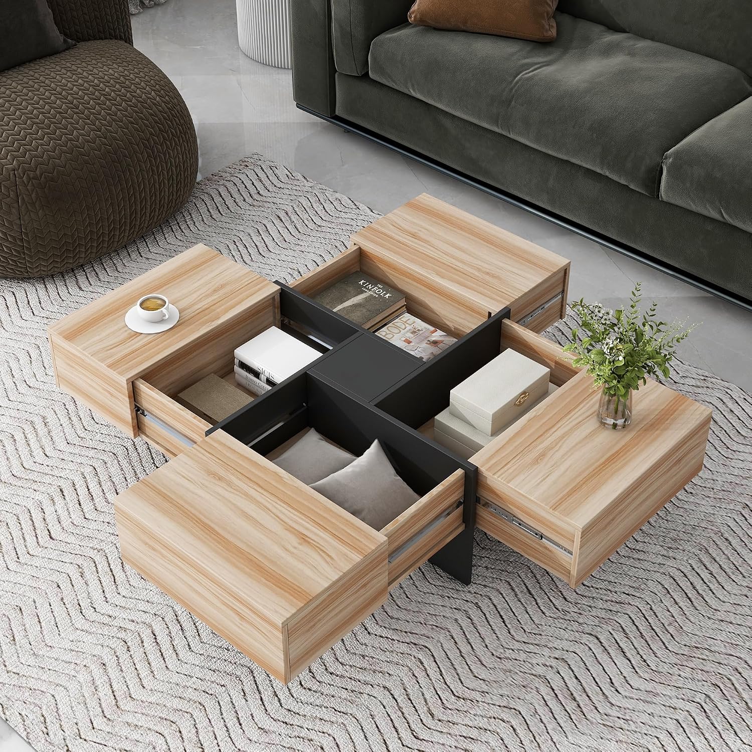 Merax Modern Square Coffee Table with 4 Hidden Storage Compartments, UV High-Gloss Design for Living Room, Brown