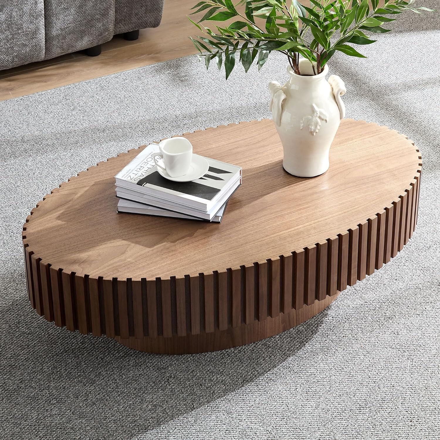 Oval Coffee Table for Living Room Fluted Coffee Table with Pedestal 43.7' Modern Wood Olive-Shaped Center Table for Apartment Easy Assembly Walnut