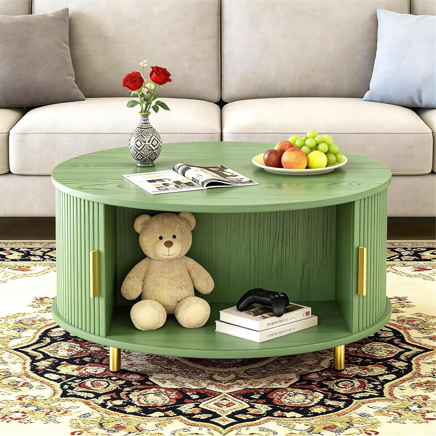 DHH Round Coffee Table, 31.5' Mid Century Modern Coffee Table with 360° Sliding Tambour Door, Fluted Accent Table with Storage Adjustable Footpads for Living Room (Green)