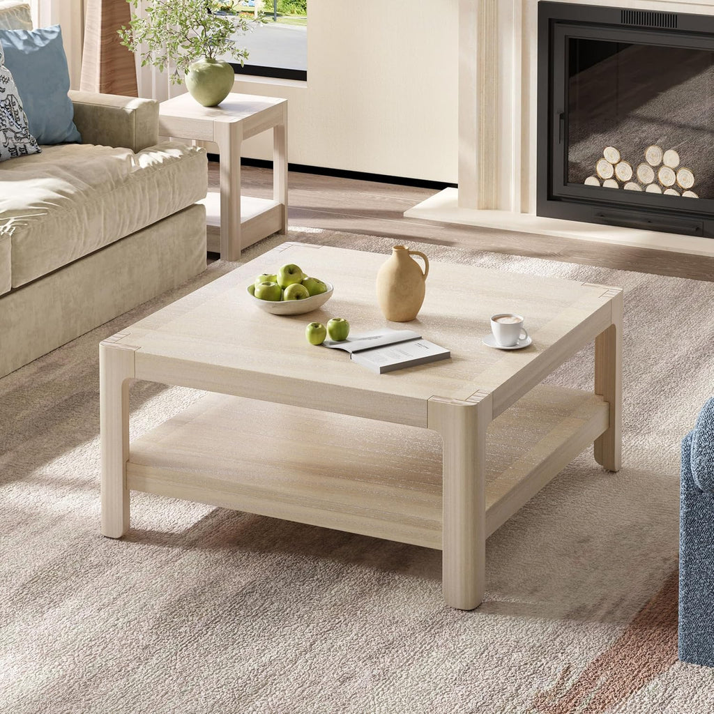 Henf 34.7' Square Coffee Table, Large 2-Tier Solid Wood Coffee Table with Open Storage Shelf and Soft Rounded Corner, Wood Cocktail Center Tea Coffee Tables for Living Meeting Room,Natural