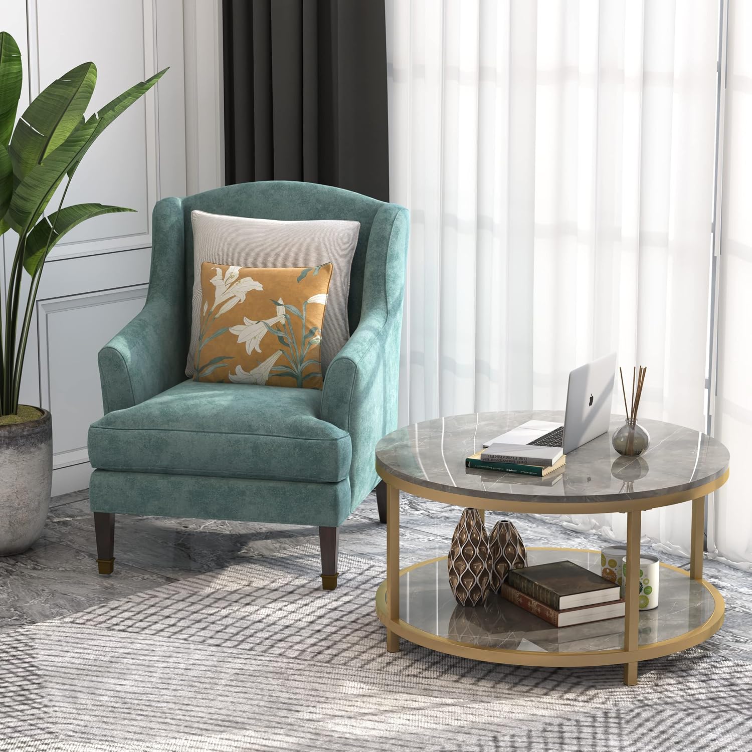 WiberWi Round Coffee Table 33.5' Coffee Tables for Living Room High Glossy Faux Marble Top Modern Circle Table Sturdy Gold Metal Frame Legs Cocktail Table with Storage Open Shelf