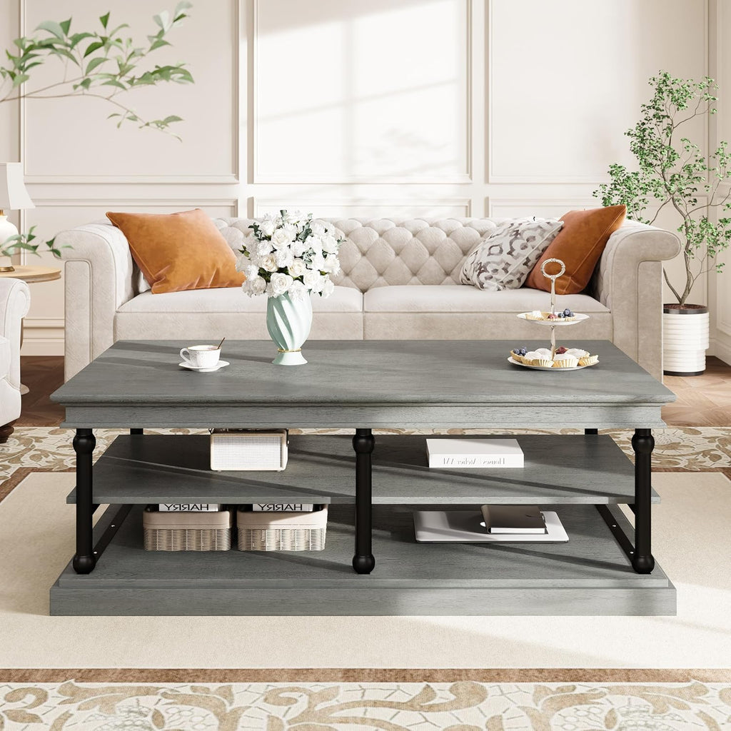 Christopher Knight Home Oner Living Room Coffee Table with Spacious 2-Tier Design, Modern Rubberwood Rectangular Side Table, Multifunctional Accent Table with Open Storage Shelves, Black + Gray