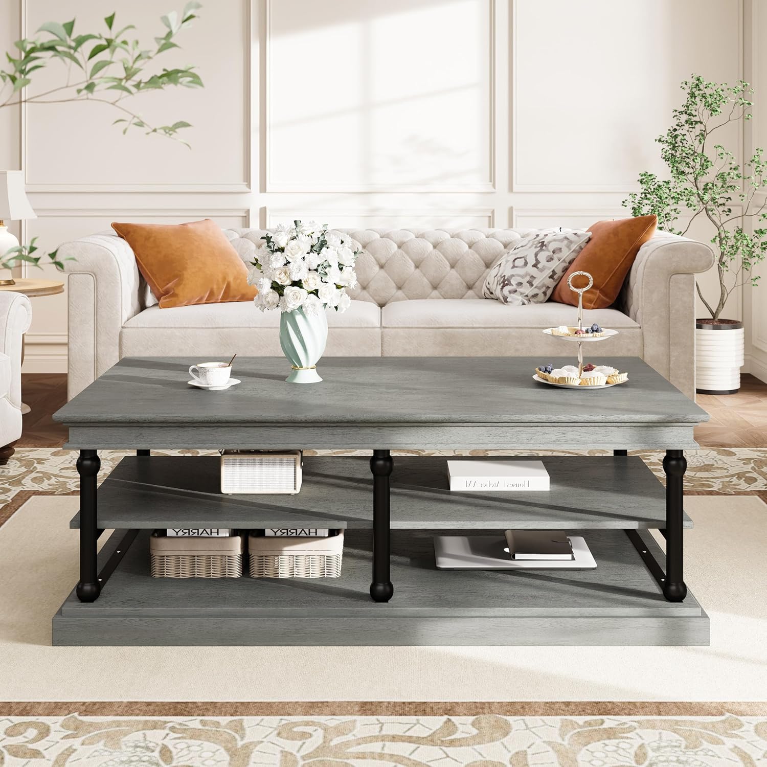 Christopher Knight Home Oner Living Room Coffee Table with Spacious 2-Tier Design, Modern Rubberwood Rectangular Side Table, Multifunctional Accent Table with Open Storage Shelves, Black + Gray