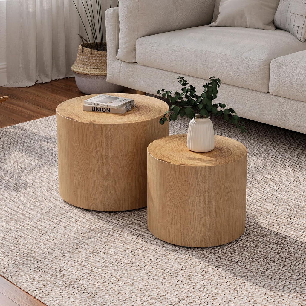 Nesting Coffee Table Set of 2, Modern Round Coffee Table, Wooden Circle Accent Tables for Small Spaces Living Room Bedroom Balcony Office Drum Side Table, Natural Wood