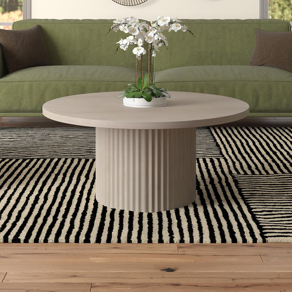 Henn&Hart 32' Fluted Round Wooden Pedestal Low-Profile Coffee Table with Ribbed Pedestal Base for Living Room, Family Room, Office, or Apartment, Beech White