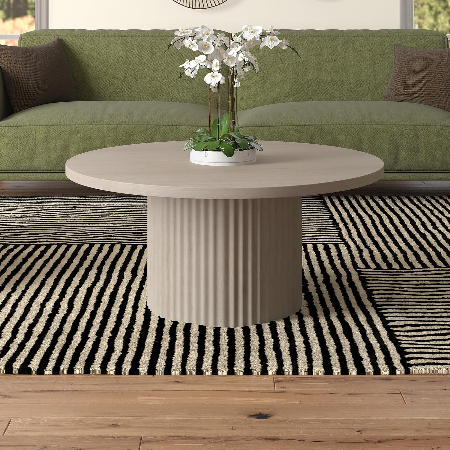 Henn&Hart 32' Fluted Round Wooden Pedestal Low-Profile Coffee Table with Ribbed Pedestal Base for Living Room, Family Room, Office, or Apartment, Beech White