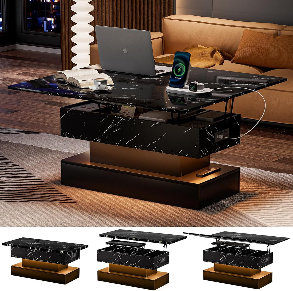 SYESWAY 39.4' Lift Top Coffee Table with Charging Station, 4-in-1 Multifunctional Coffee Table with Storage & Hidden Compartments, High-Glossy Marbling Print LED Center Table for Living Room, Black